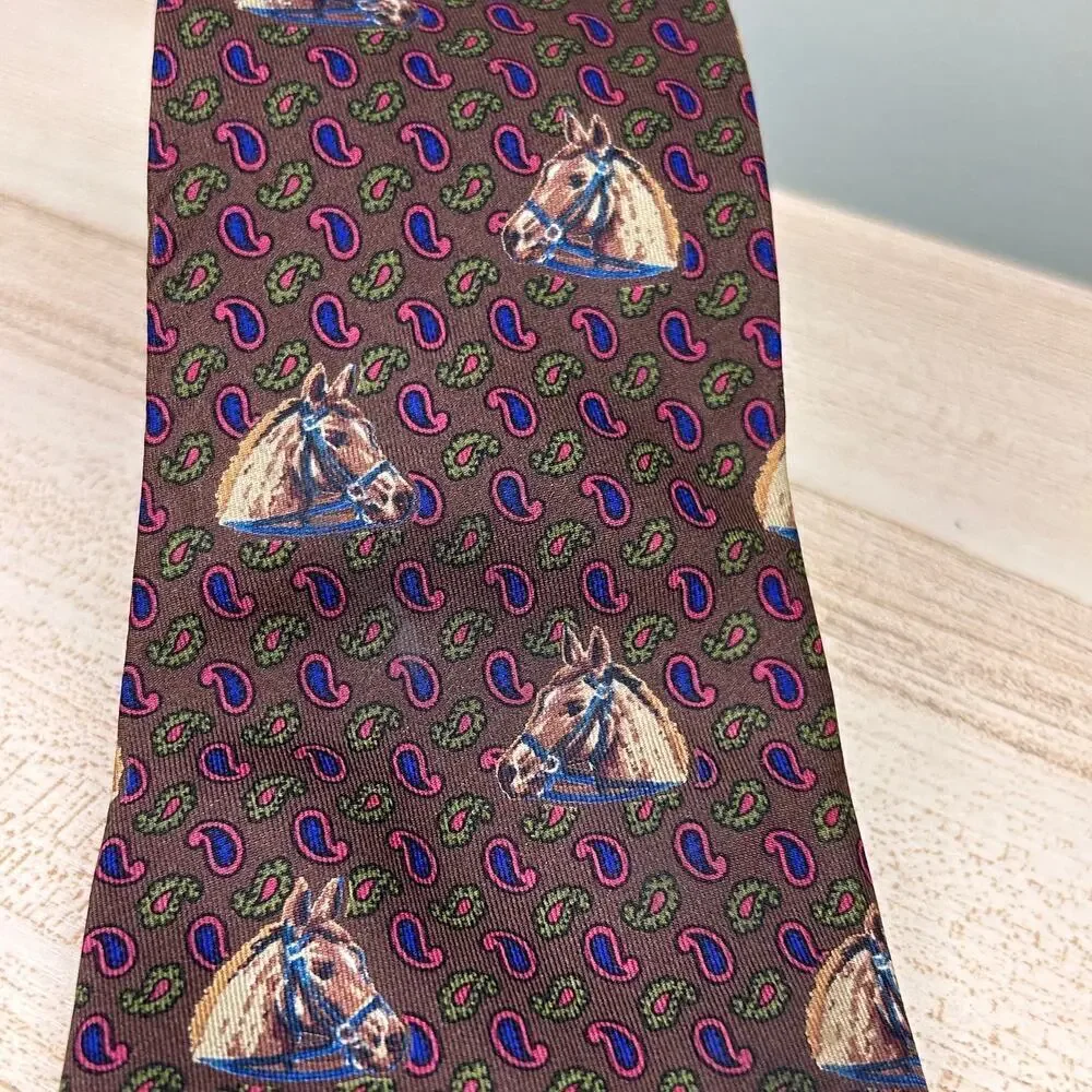 Etro Silk Necktie Horse Equestrian Brown Tan Paisley Boho Luxury Designer Tie
